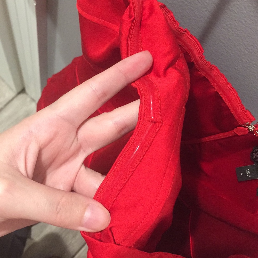 Express Red Shiny Ruched Strapless Dress - Picture 4 of 6
